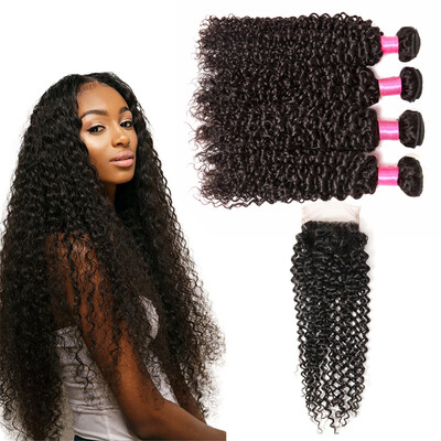 

BHF Hair Virgin Hair Malaysian Curly Hair 4 Bundles With Closure Free Middle Three Part