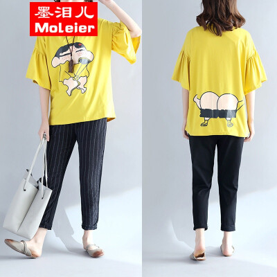 

Fat MM large size in the 2017 summer women easy to look thin cartoon blouses the long version of the sleeves T-shirt