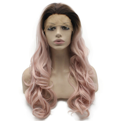 

Long Wavy Dark Root Heat Safer Fiber Ombre Pink Lace Front Wig