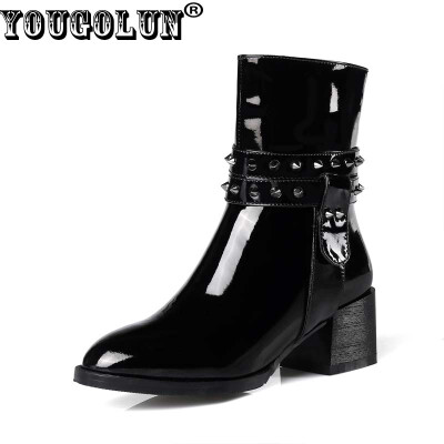 

YOUGOLUN Women Ankle Boots Genuine Patent Leather Autumn Winter Black Rivets Pointed toe Mid Square Heel Shoes #Y-170