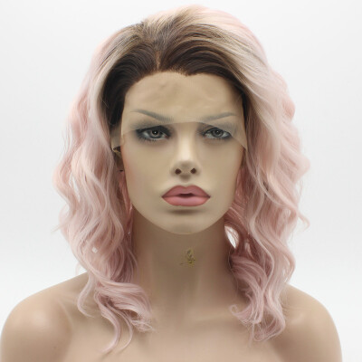 

Iwona Hair Natural Wavy Medium Long Dark Root Pink Ombre Wig Half Hand Tied Heat Resistant Synthetic Lace Front Wig