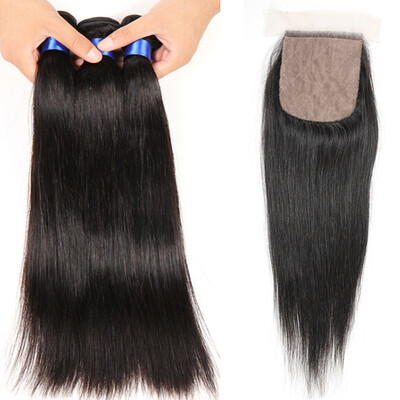 

Malaysian virgin hair with closure straight silk based closure with bleached knotss 34pcs human hair with closure malaysian hair