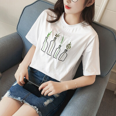 

Long Yue Women Korean version of the small fresh embroidery printing short-sleeved T-shirt loose round collar fashion wild shirt LWTD172206 white L