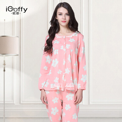 

Ms iCoffy Long Sleeve Print Home Service Flower Cotton Pajamas Set OF201622 Pink