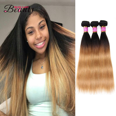 

Ombre Straight Peuvian Hair Weft Non-remy Human Hair Weaves 3 Bundle with Closure Color T1B27