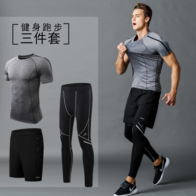 

Husida fitness clothes men's quick dry breath spring and summer gym gym training clothes short sleeve tight running sports suit three-piece black