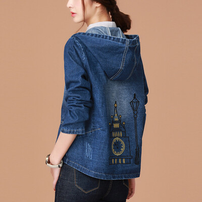 

City plus CITYPLUS 2017 autumn new women&39s art hooded leisure loose embroidery jacket denim short jacket CWWT178152 dark blue M