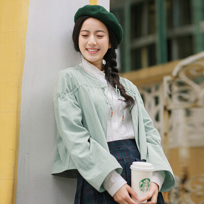 

Yan Man INMAN 2017 Autumn new speaker sleeve drawstring round collar cardigan short jacket female 1873042058 bamboo green L