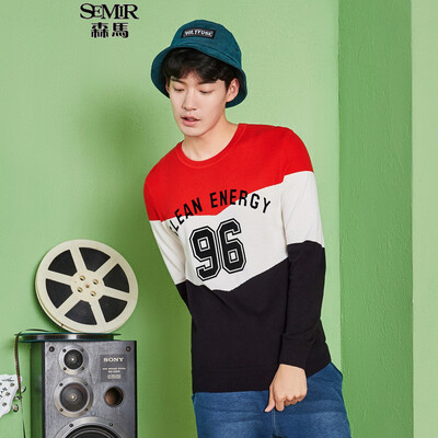 

Semir sweater men's autumn fashion men's round neck rounded letters hit color sweater 14316071002 blue and white tone XL
