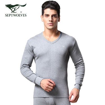 

Seven wolves Qiuyi Qiuku mens cotton thermal underwear V-neck suit thin section cotton wool line clothing line pants solid color V-neck light gray