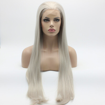 

Iwona Hair Straight Super Long Grey White Mix Wig Half Hand Tied Heat Resistant Synthetic Lace Front Wig