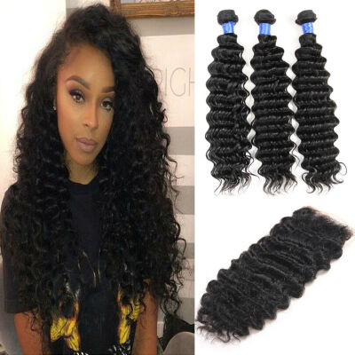 

8a Huangcai Peruvian virgin hair 3 bundles with closure deep wave curly human hair with closure peruvian deep wave with closure