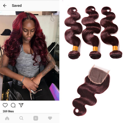 

99j Virgin Malaysian Body Wave 3 Bundles With Closure Red Wine Human Hair Weft And Lace Closure 4x4 FreeMiddle3 Part