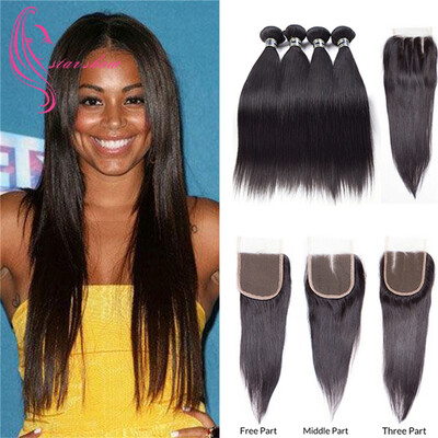 

7A Монгольские волосы Virgin Hair 4 с прямыми прямыми пряжками для волос с вязанием крючком 4x4 Free Part 1B Color