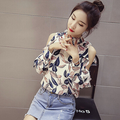 

Sustory womens 2017 summer Korean version of the small fresh student loose off-shoulder shirt floral ruffled small shirt long-sleeved chiffon shirt tide SU223 dark blue L