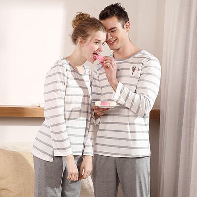 

Red beans home couple pajamas men&women spring&summer cotton long-sleeved striped cartoon home clothing suit 119 Ma gray 180 100A