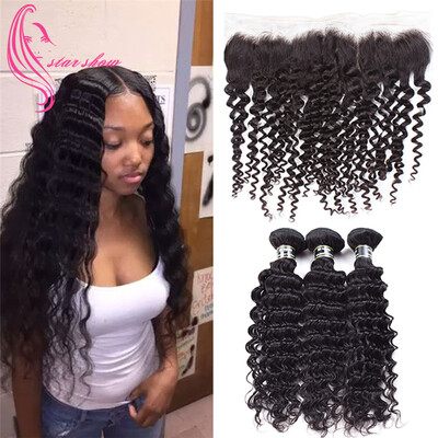 

7A Malaysian Virgin Hair 3 Bundles With Lace Frontal Deep Wave Hair Pieces Top Quality Deep Wave Hair Weave Bundles 1B Color