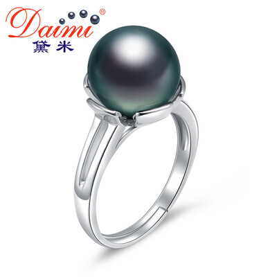 

Demi jewelry 105-11mm is round strong shiny Tahitian black pearl ring 925 silver sea eye black 105-11mm