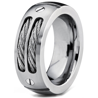 

Hpolw 8MM Men's Stainless Ring Wedding Band with Stainless Steel Cables and Screw Design Sizes 6 to 15 Punk Style Accessories