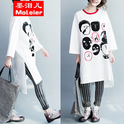 

Literature&art large - size womens wear - thin cotton - head printed long T-shirt