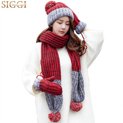 

【Jingdong Supermarket】 Siggi CM88218 hat scarf gloves three-piece women winter Korean version of the tide plus velvet thickening warm wool knit suit red hat width 25CM