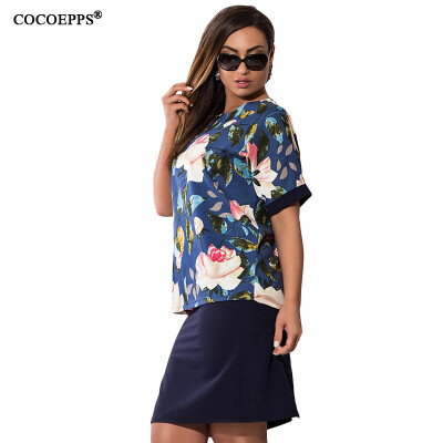 

COCOEPPS Summer Floral Print Women Dresses 2017 Big Size Elegant 2 Piece Set Dress Plus Size Half Sleeve Patchwork Vestidos