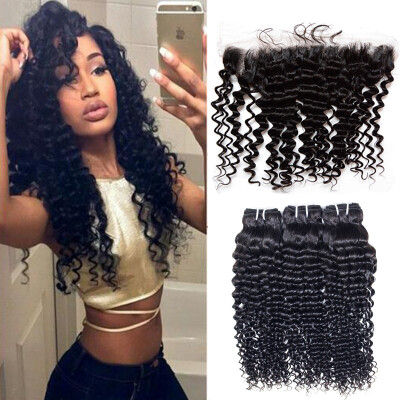 

Malaysian Lace Frontal With 3 Bundles Deep Curly Hair Virgin Human Hair Weave 13x4 Ear to Ear Lace Frontal Hair Closure