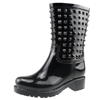

Haitian Halteke rain boots in the tube fashion rivets waterproof rain boots rubber shoes water shoes P002 black 39 yards