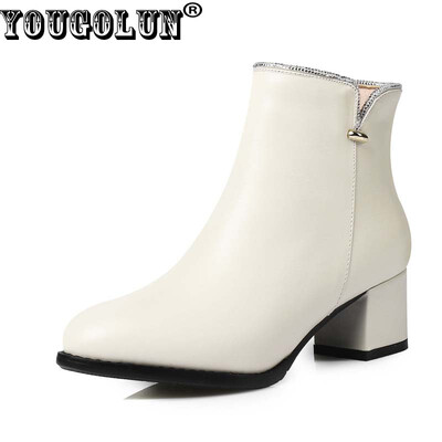 

YOUGOLUN Women Ankle Boots Autumn 100 Genuine Leather Beige Black Crystal Mid Square Heel Shoes Y-169