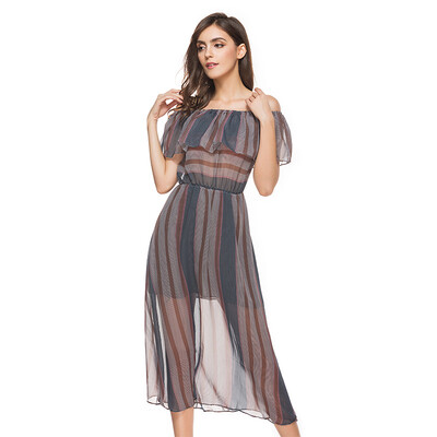 

Summer fashion floral print perspective dresses with a one-word shoulder skirt