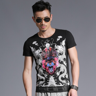 

SHUYI Round Neck Personality Dragon Pattern Printing Short Sleeve T Shirt Youth Retro Trend Slim Half Sleeve Shirt