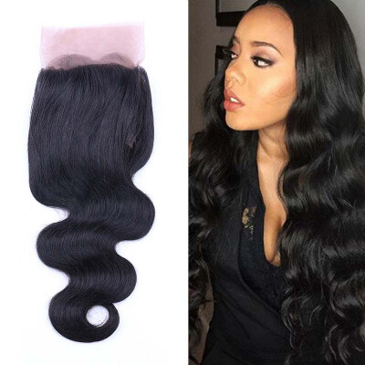 

Brazilian Body Wave Lace Closure Three Part 4x4 Non Remy Human Hair Natural Black Shipping Free Can Mix with Bundles