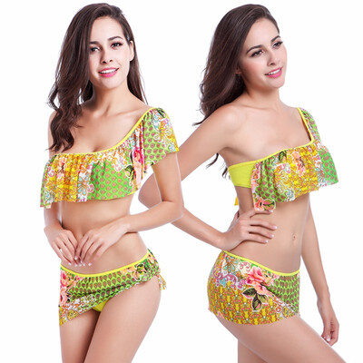 

Transparent Stretch Mesh Layer Flounced Top with Adjustable shoulder strap Removable Push up Lycra Bikini