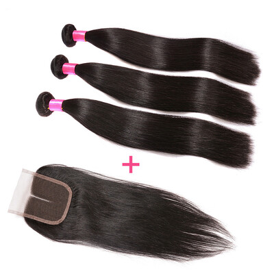 

BHF Hair 100 Remy Human Hair Weave 3 Bundle Indian Straight Hair 8-28inch Machine Double Weft with swiss closure