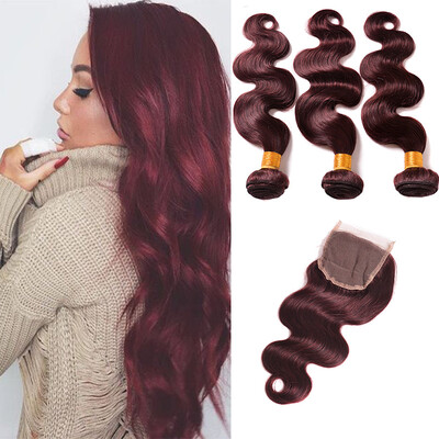 

Hot Sale 99j Brazilian Hair With Closure Red Wine Brazilian Body Wave With Closure Human Hair Bundles With Closure