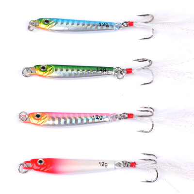 

2PC Jigging Lead Fish 12G/5.5CM Metal Jig Fishing Lure 4 Colors Metal Wobbler with Feather Hooks Artificial Hard Bait