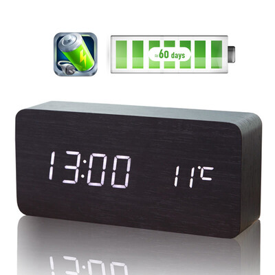 

TIMESS alarm clock storage mute electronic clock voice control rechargeable LED student creative clock bedroom temperature multifunctional wood clock 5021-2 bamboo