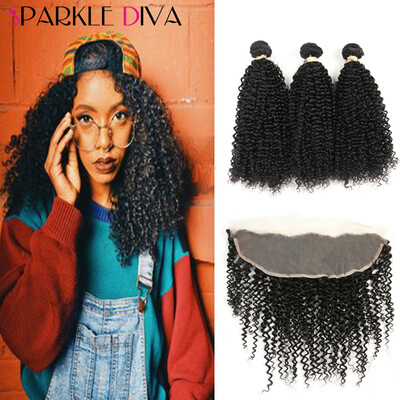 

On Sale Sparkle Diva Hair Malaysian Kinky Curly Hair With Lace Frontal Closure 8A 13x4 Lace Frontal Closure With 3 Bundle Curly