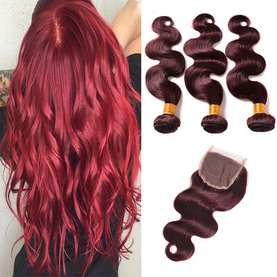 

Body Wave Burgundy Virgin Hair Indian human Virgin Hair Straight Red Wine 99J Straight Indian Hair 3 Bundles with Closure