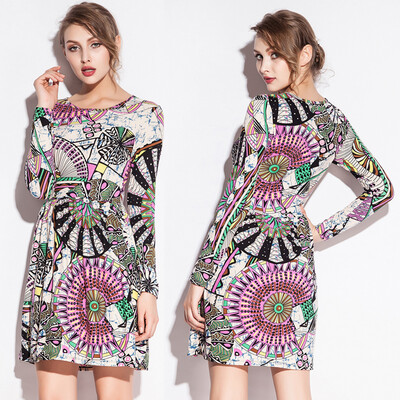 

Hot Sale 2017 Fashion Print O neck models Waist Wrinked One Piece Stretch Cotton dress .M.L.XL.XXL
