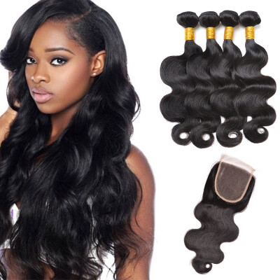 

5Pcs Lot Cambodian Body Wave Hair With Closure Grade 7A Unprocessed Human Hair Weave 4 Bundles Add Top Lace Closures Natural Color