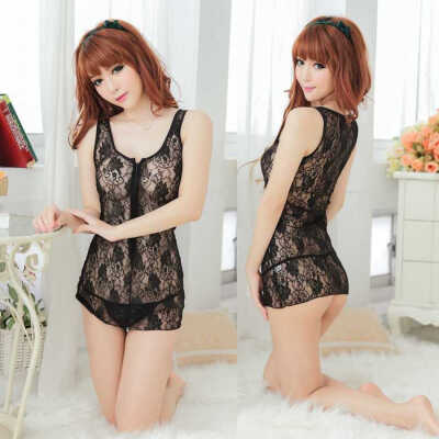 

CXSHOWE 2015 Hot Sexy Lingerie Women Lace Babydoll See Through Sleepwear Dress Bathrobe Exotic Underwear Sleepwear Set Black