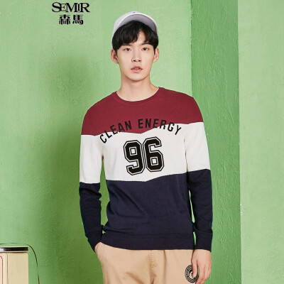 

Semir sweater men's autumn fashion men's round neck rounded letters hit color sweater 14316071002 blue and white tone XL