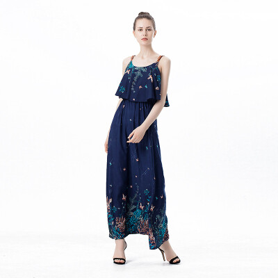 

Women's summer new temperament sleeveless printed flounce loose strap strapless dresses