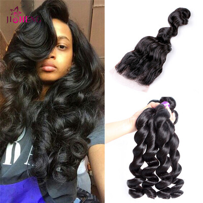 

8A Brazilian Virgin Human Hair Wave Loose Wave Hair With 44 Lace Closure Remy Hair Extensions