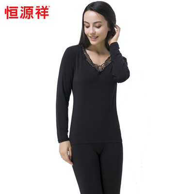 

Heng Yuan Xiang Qiu Qiu Qiu pants Ms Lem Mo Doy lace lace V collar Slim thin section of thermal underwear set deep purple S 16085