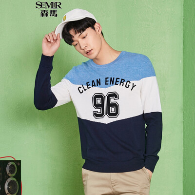 

Semir sweater men's autumn fashion men's round neck rounded letters hit color sweater 14316071002 blue and white tone XL