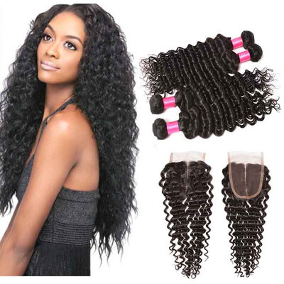 

BHF hair Virgin Peruvian Hair With Closure Deep Curly Lace Middle Part 4 Bundles With Closure