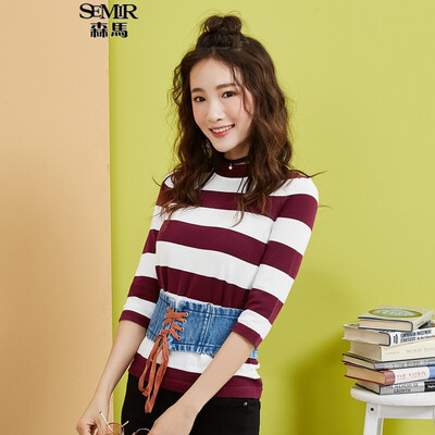 

Semir Knitwear Female 2017 Autumn Striped Stripe Shirt Women Elasticity Shirt 14316070213 White Black Tone XS