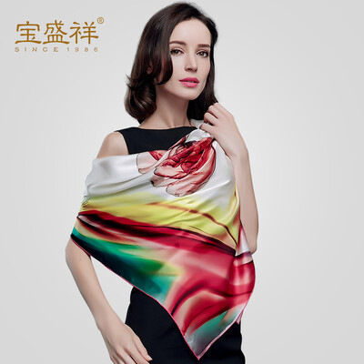 

Bao Shengxiang female silk silk silk large square towel color printing lady scarf shawl blush blue s9214